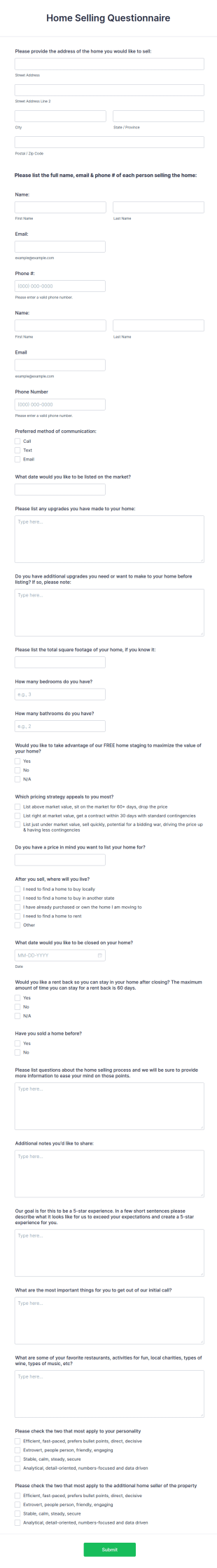 Home Selling Questionnaire Form Template