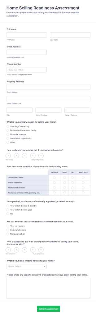 Home Selling Readiness Assessment Form Template