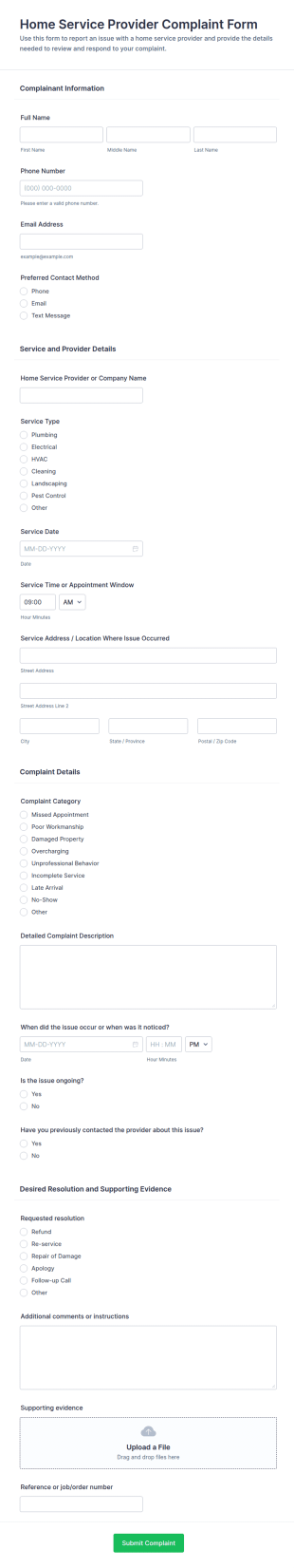 Home Service Provider Complaint Form Template