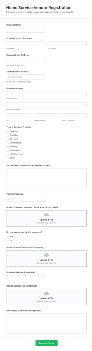Home Service Vendor Registration Form Template