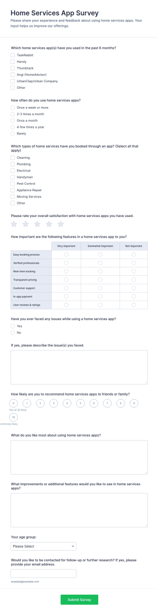 Home Services App Survey Form Template