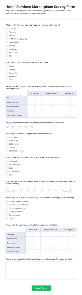 Home Services Marketplace Survey Form Template