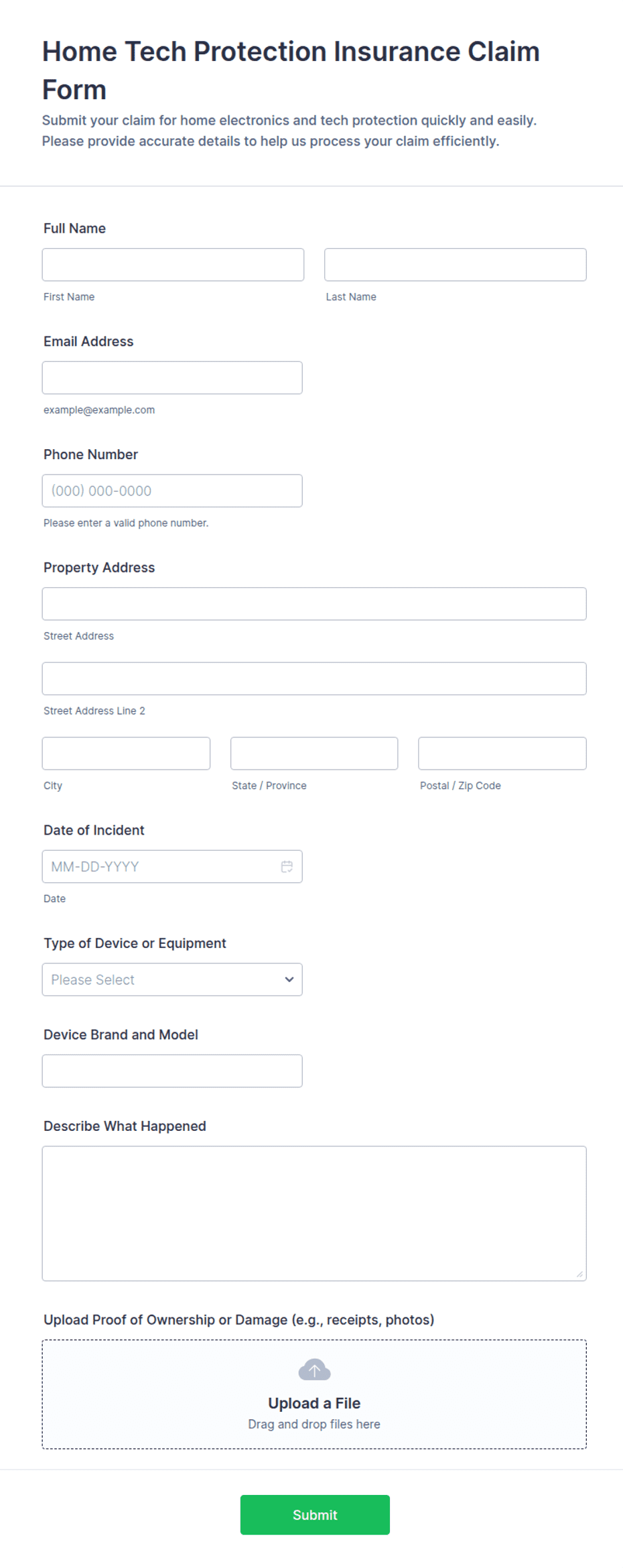 Home Tech Protection Insurance Claim Form Template | Jotform