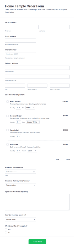 Home Temple Order Form Template