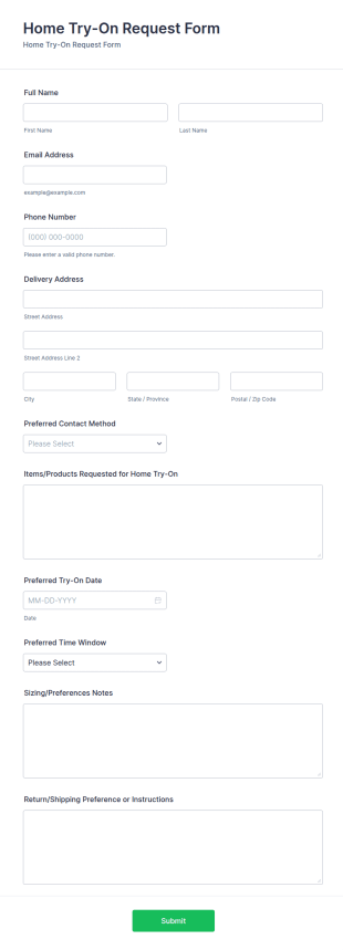 Home Try On Request Form Template