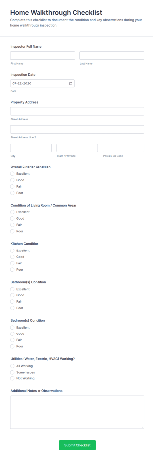 Home Walkthrough Checklist Form Template