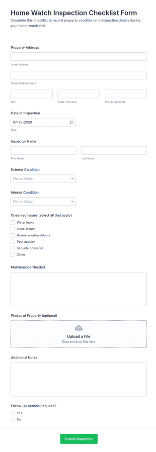 Home Watch Inspection Checklist Form Template