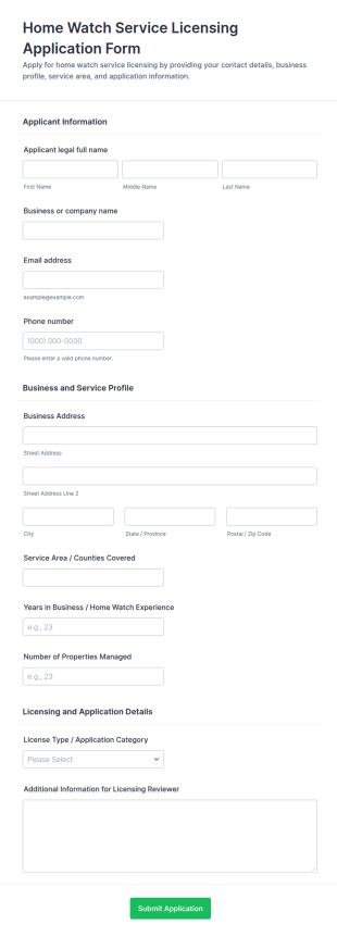 Home Watch Service Licensing Application Form Template