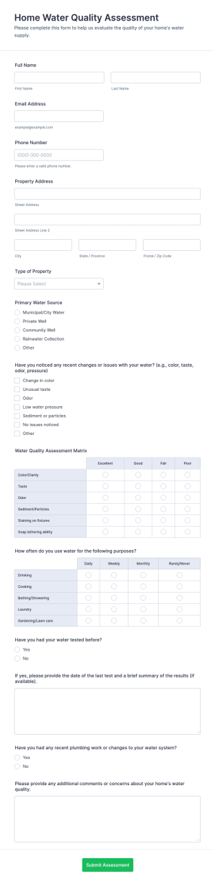 Home Water Quality Assessment Form Template