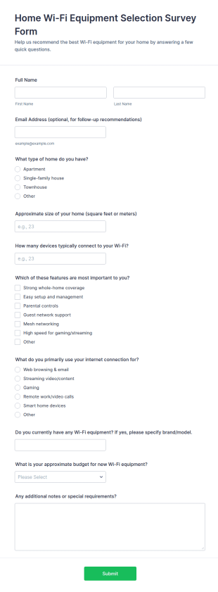 Home Wi Fi Equipment Selection Survey Form Template