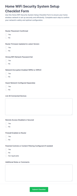 Home WiFi Security System Setup Checklist Form Template
