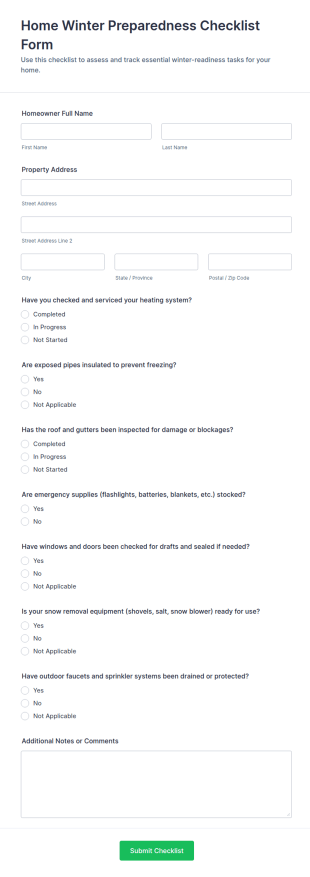 Home Winter Preparedness Checklist Form Template
