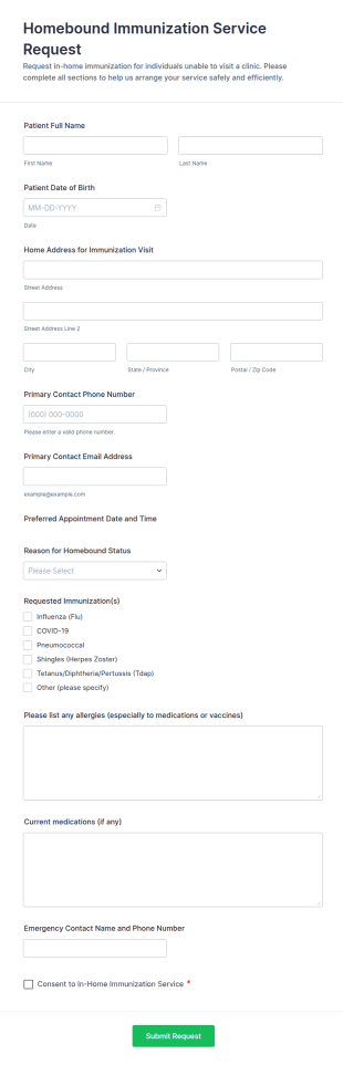 Homebound Immunization Service Request Form Template