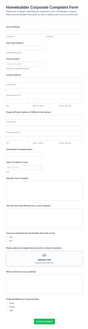 Homebuilder Corporate Complaint Form Template