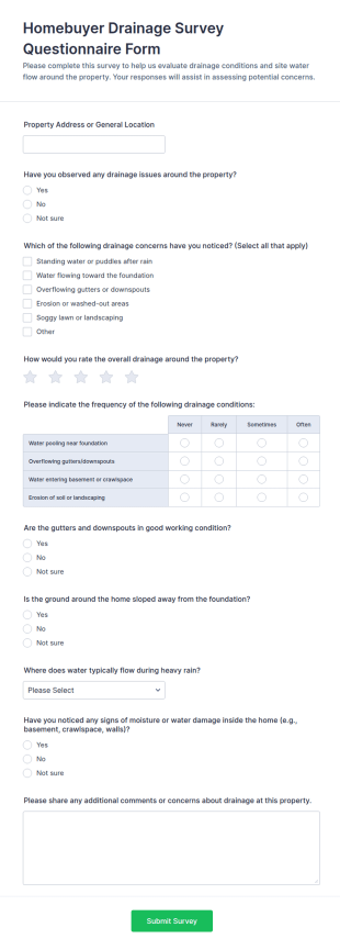 Homebuyer Drainage Survey Questionnaire Form Template