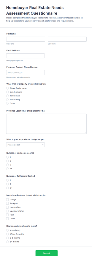 Homebuyer Real Estate Needs Assessment Questionnaire Form Template
