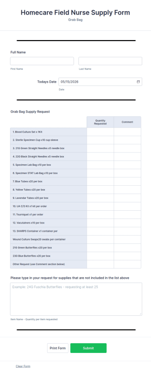 Homecare Field Nurse Supply Form Template