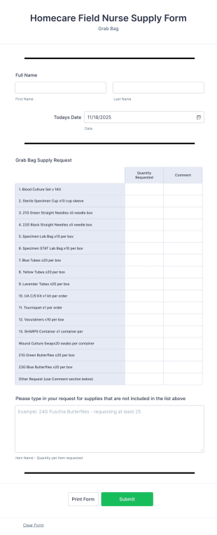 Homecare Field Nurse Supply Form Template