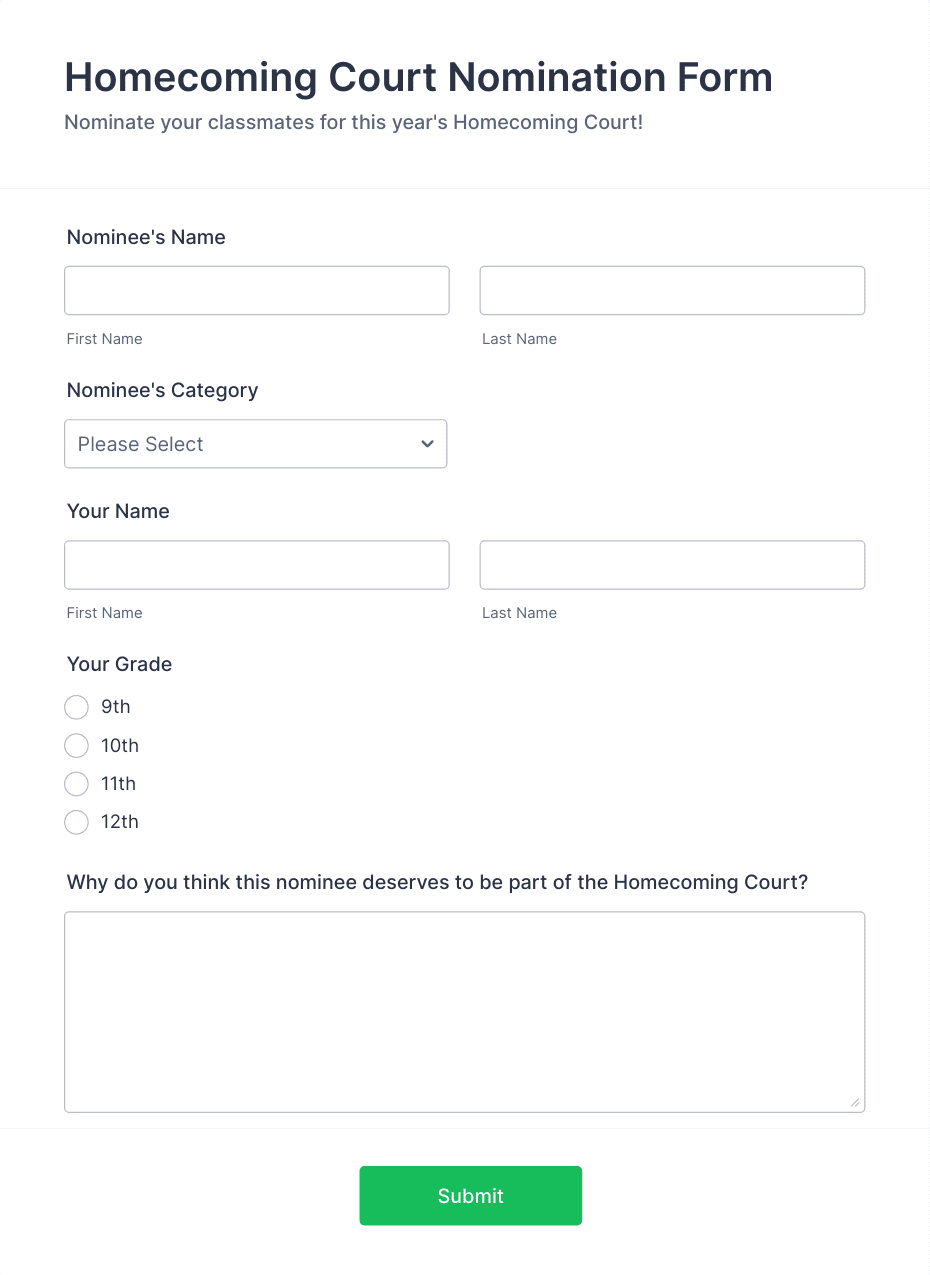 Homecoming Court Nomination Form Template | Jotform