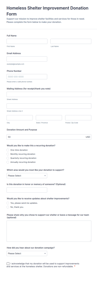 Homeless Shelter Improvement Donation Form Template