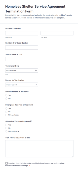Homeless Shelter Service Agreement Termination Form Template