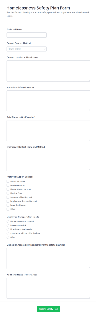 Homelessness Safety Plan Form Template