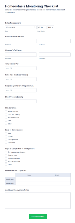 Homeostasis Monitoring Checklist Form Template