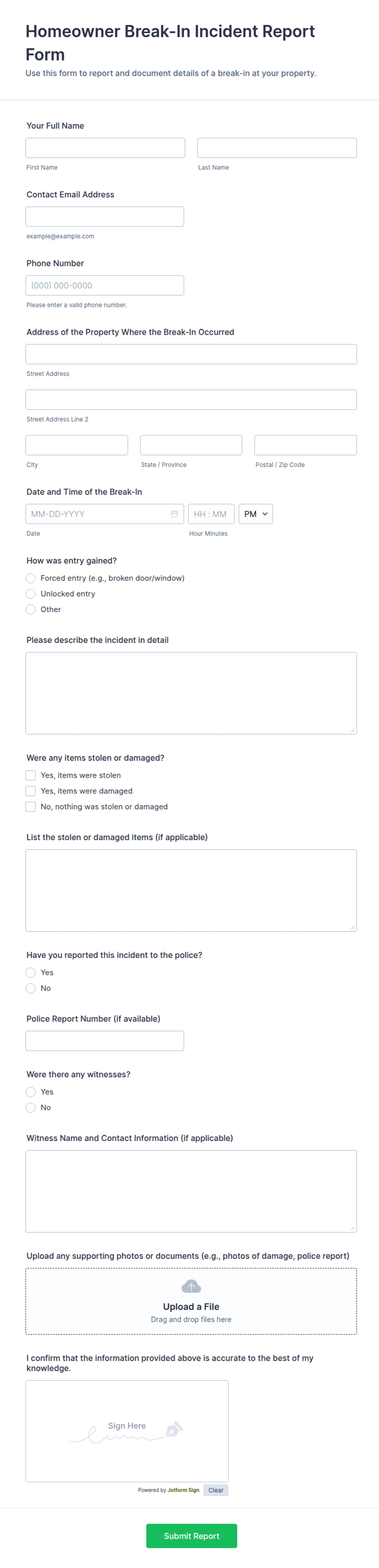 Homeowner Break-In Incident Report Form Template | Jotform