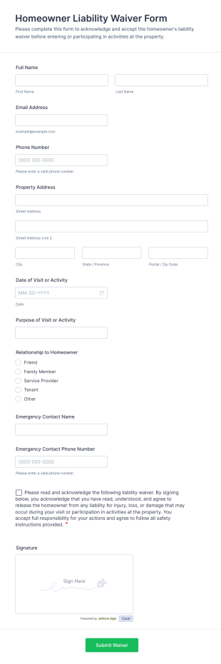 Homeowner Liability Waiver Form Template