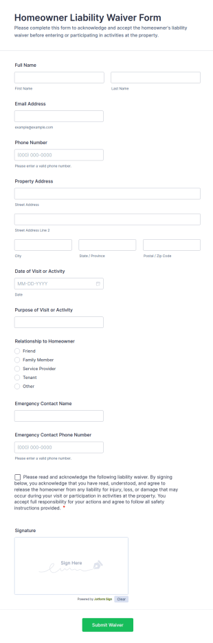 Homeowner Liability Waiver Form Template