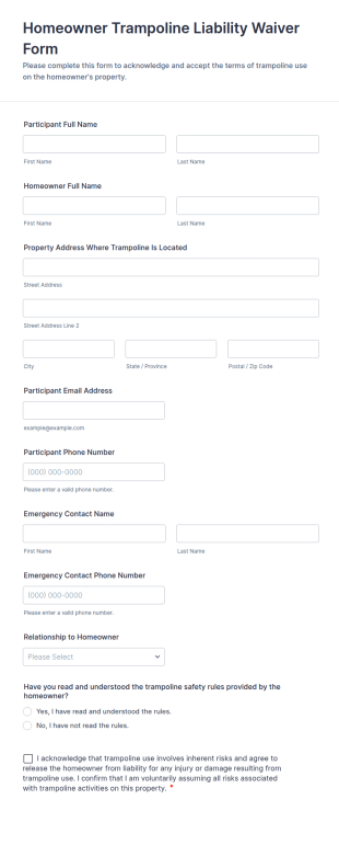 Homeowner Trampoline Liability Waiver Form Template