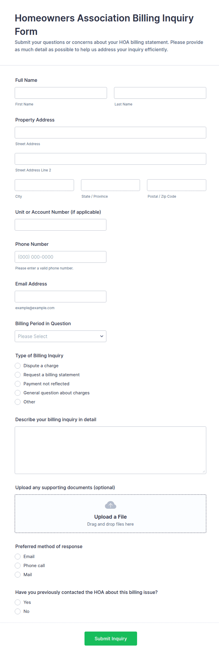 Homeowners Association Billing Inquiry Form Template | Jotform