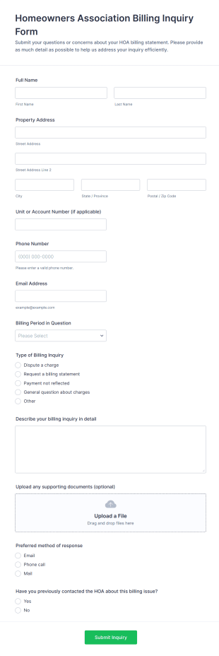Homeowners Association Billing Inquiry Form Template