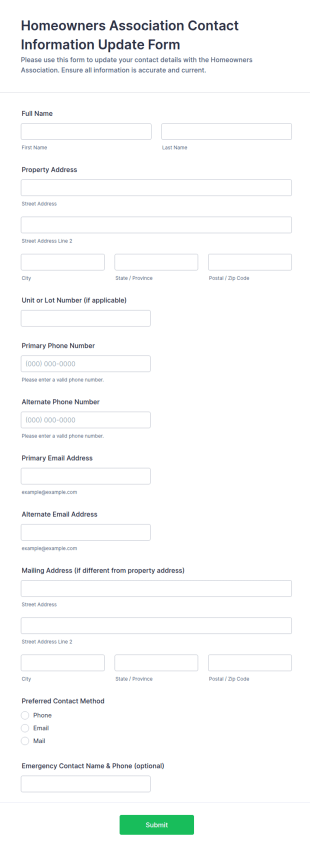Homeowners Association Contact Information Update Form Template