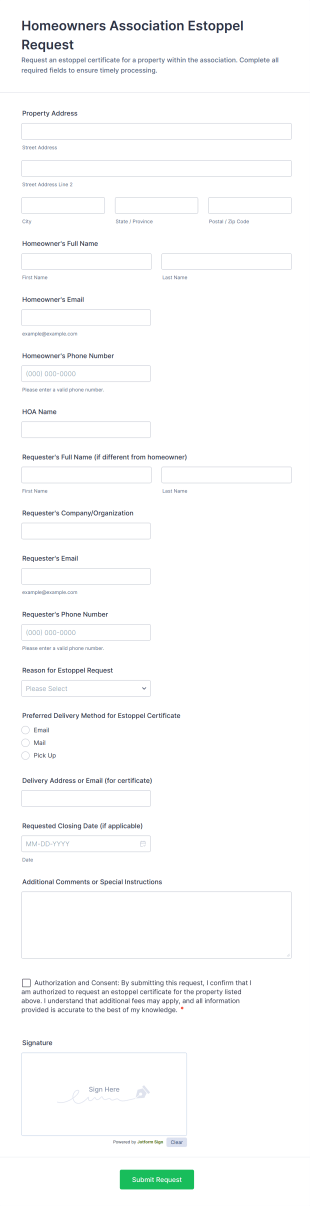 Homeowners Association Estoppel Request Form Template