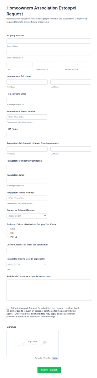 Homeowners Association Estoppel Request Form Template