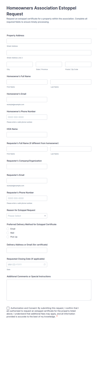 Homeowners Association Estoppel Request Form Template
