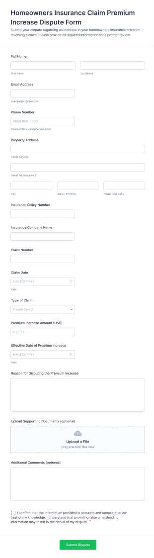 Homeowners Insurance Claim Premium Increase Dispute Form Template