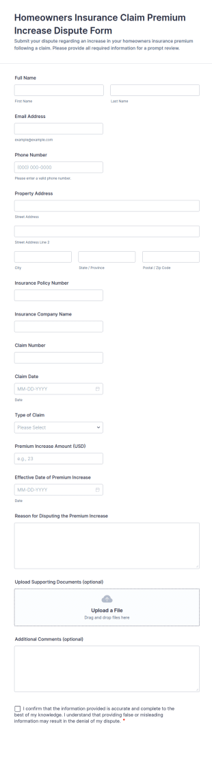 Homeowners Insurance Claim Premium Increase Dispute Form Template