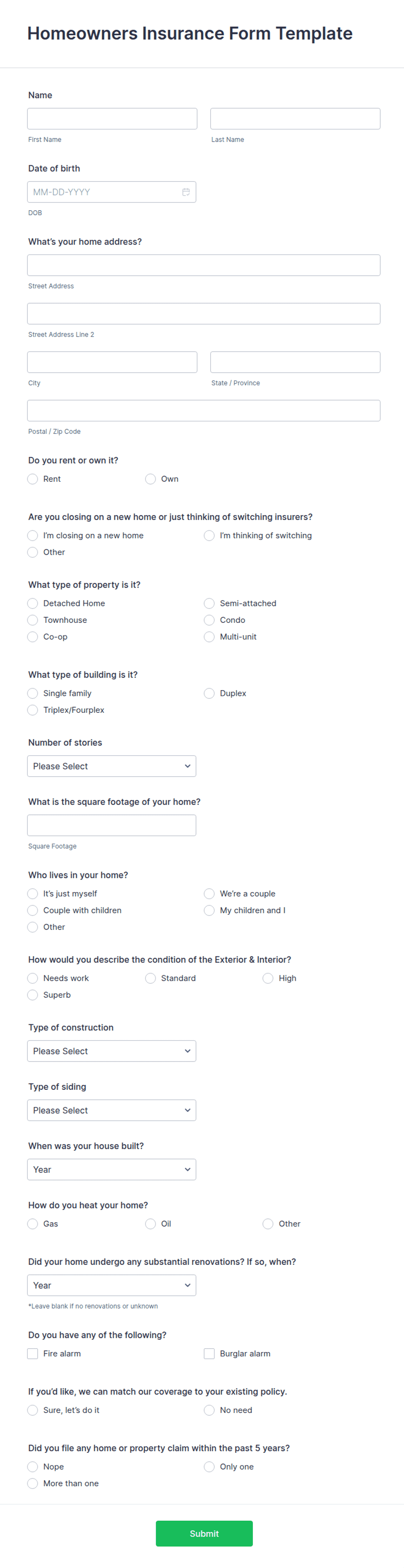 Square One Tenant Insurance Form.pdf Homeowners Insurance Form Template | Jotform