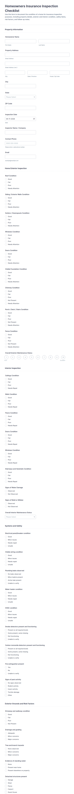 Homeowners Insurance Inspection Checklist Form Template
