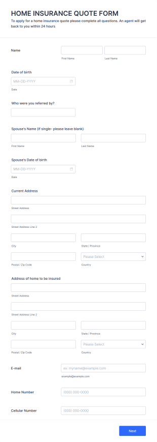 Homeowners Insurance Quote Questionnaire Form Template