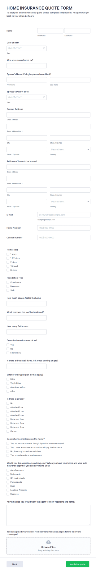 Homeowners Insurance Quote Questionnaire Form Template