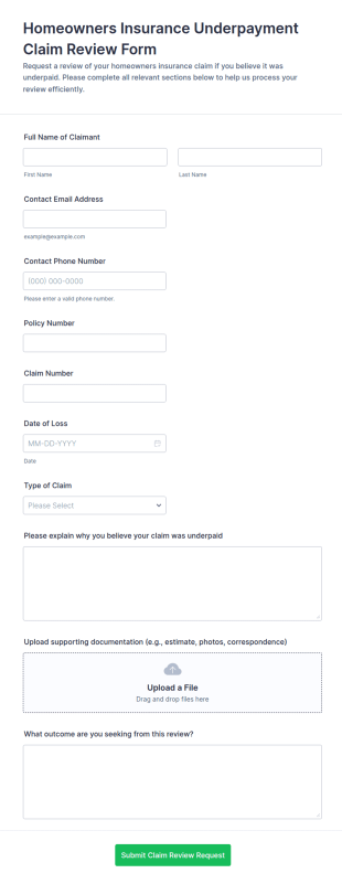 Homeowners Insurance Underpayment Claim Review Form Template