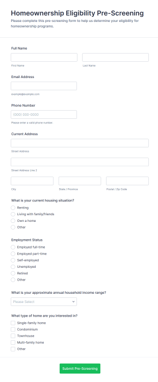 Homeownership Eligibility Pre Screening Form Template