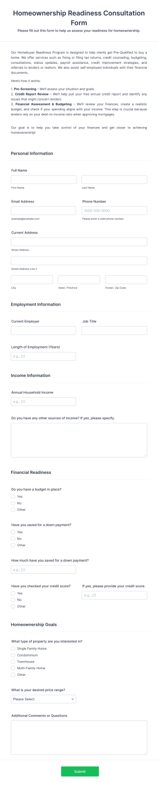 Homeownership Readiness Consultation Form Template