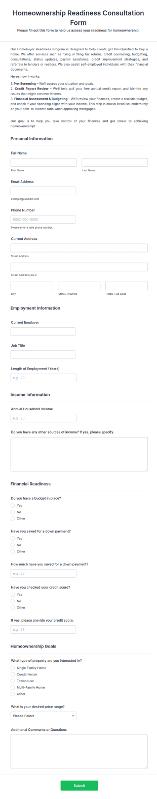 Homeownership Readiness Consultation Form Template