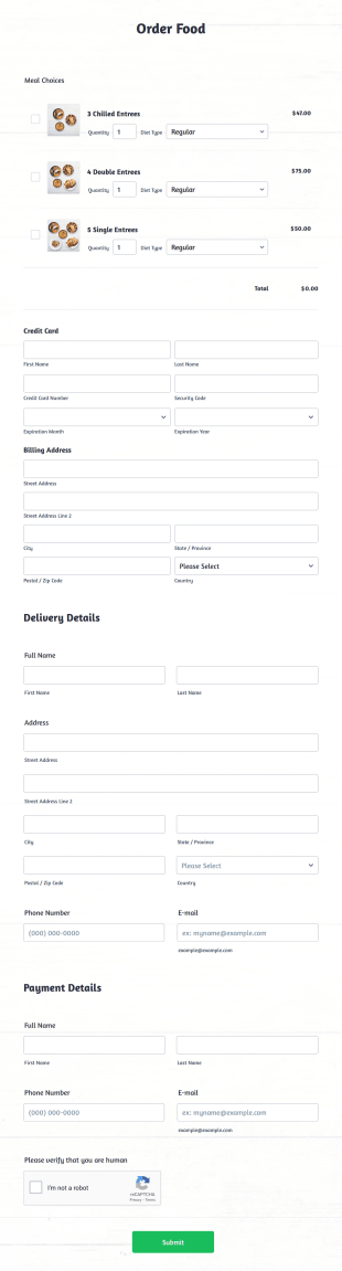 Food Online Order Form Template