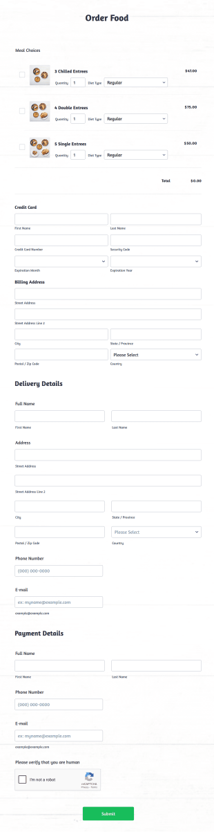 Food Online Order Form Template