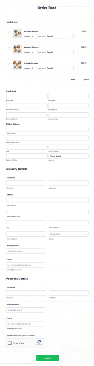 Food Online Order Form Template